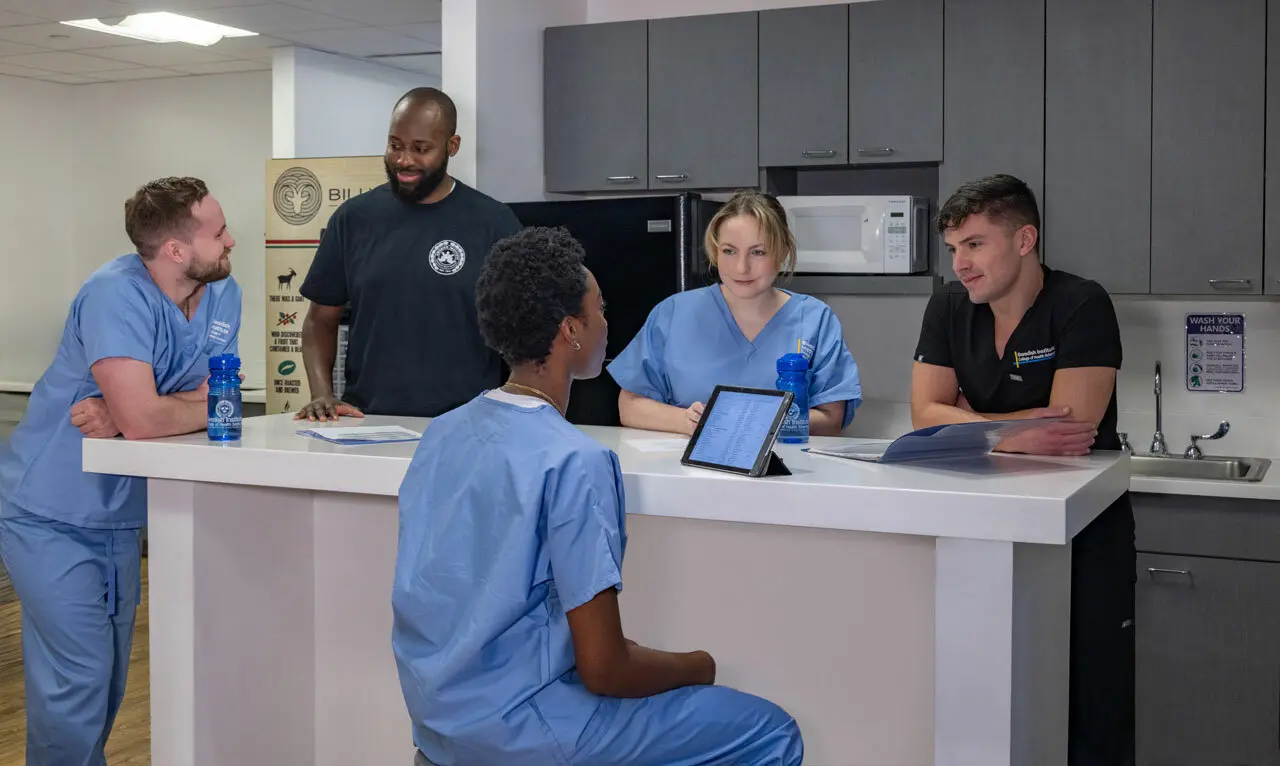 students socializing in the breakroom