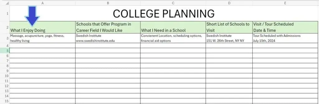 college planning spreadsheet column a