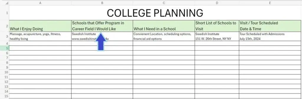 college planning spreadsheet column b