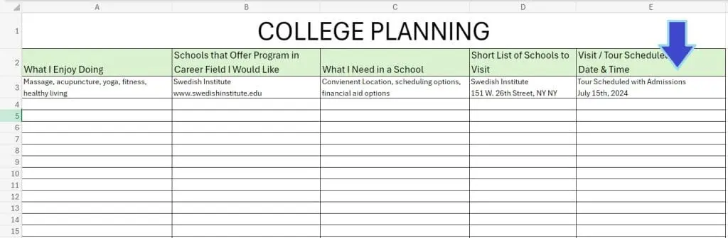 college planning spreadsheet column e